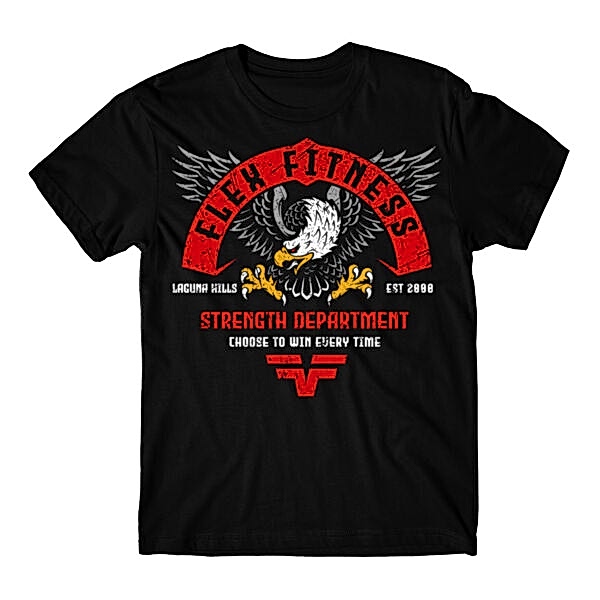 Black Flex Fitness Eagle Strike T-shirt with red lettering and eagle graphic